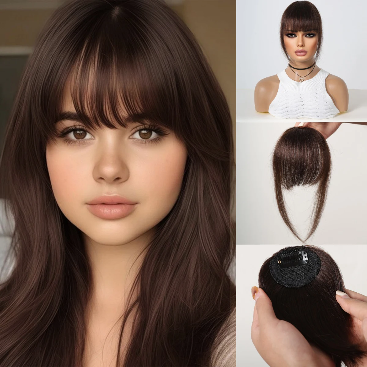 

100% челка из натуральных волос Remy, натуральная коричневая заколка для волос с тонкой челкой в бахроме с висками, шиньон для женщин, заколка на воздушной челке