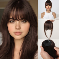 100% Human Remy Hair Bangs Natural Brown Wispy Bang Hair Clip in Fringe with Temples Hairpiece for Women Clip on Air Bang