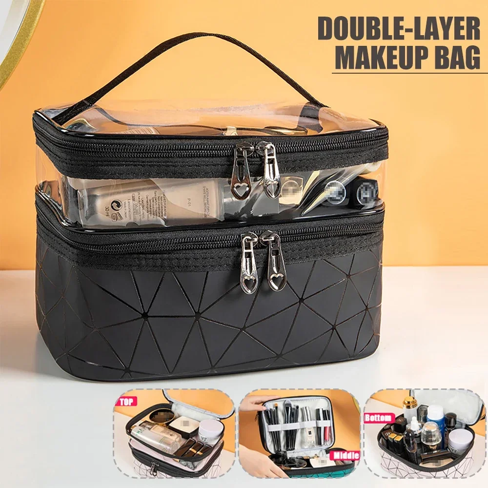 Double-layer Portable Large Capacity Makeup Bag Handheld Travel Waterproof Toiletry Bag Portable Cosmetics Storage Pouch