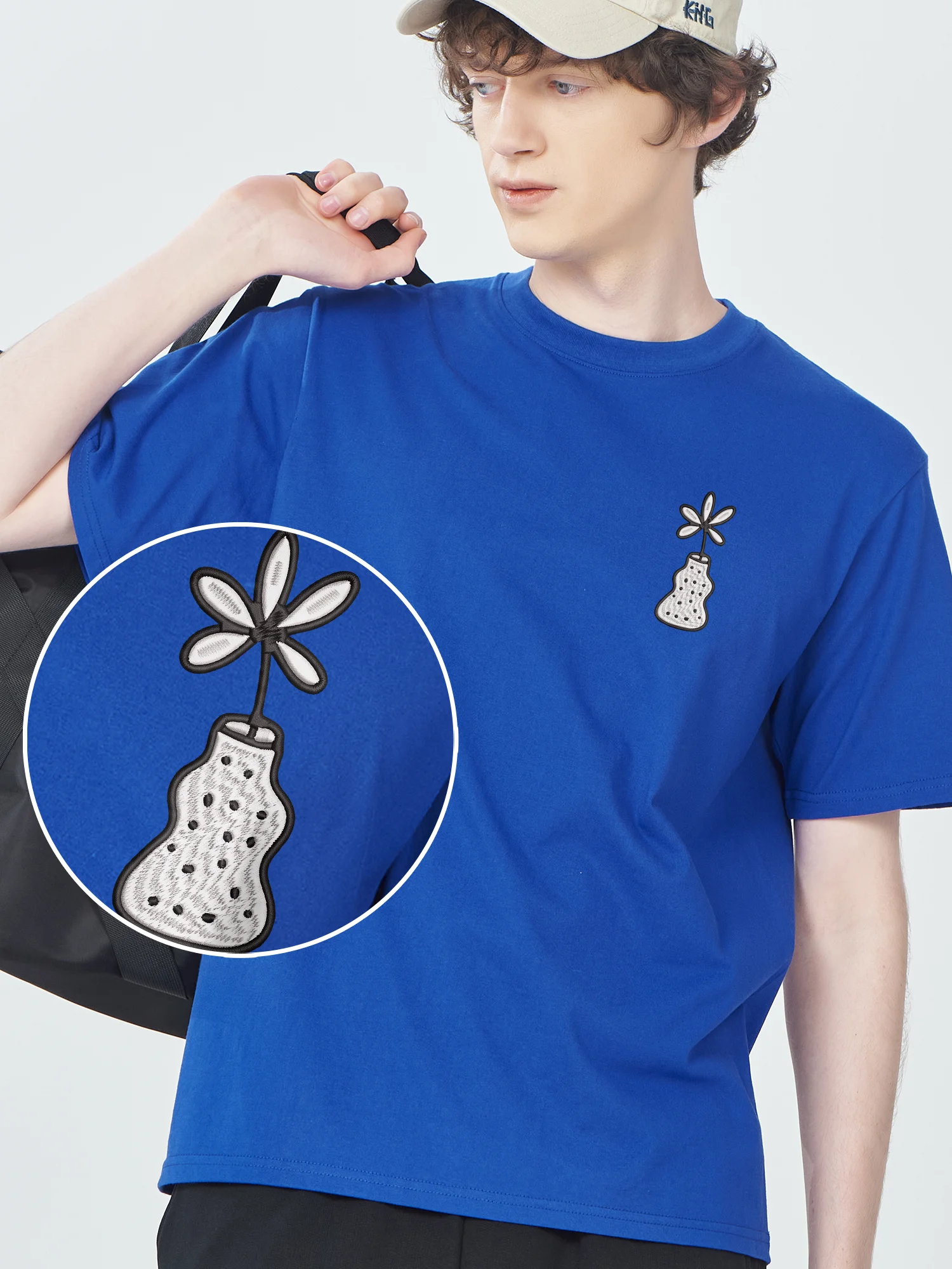 

Minimalist Floral Vase Design Embroidered Cotton T-Shirt Casual Comfortable Wear Unisex Crew Neck TShirt Short Sleeve