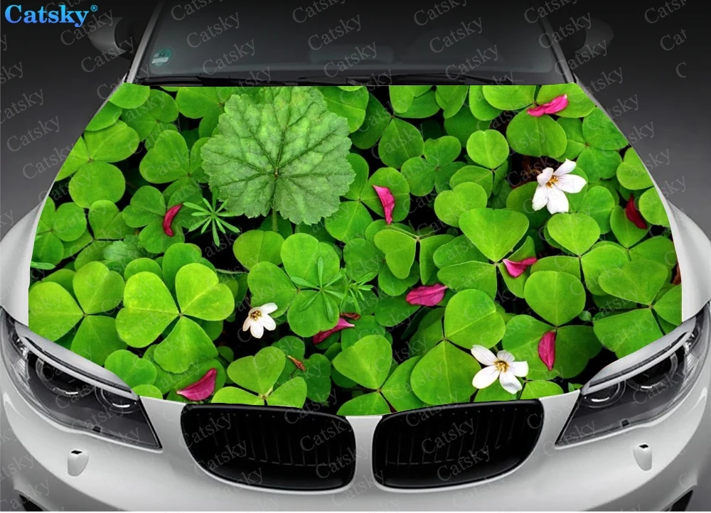 Green Grass Flower Print Car Hood Vinyl Stickers Wrap Film Engine Decals Universal Auto Accessories Hood Protective Cover Decor