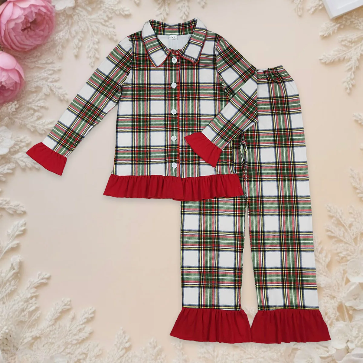 

Adult Women Long Sleeves Green Red Checked Button Down Christmas Sleepwear Outfit Infant Cotton Pajamas Comfortale Set Wholesale