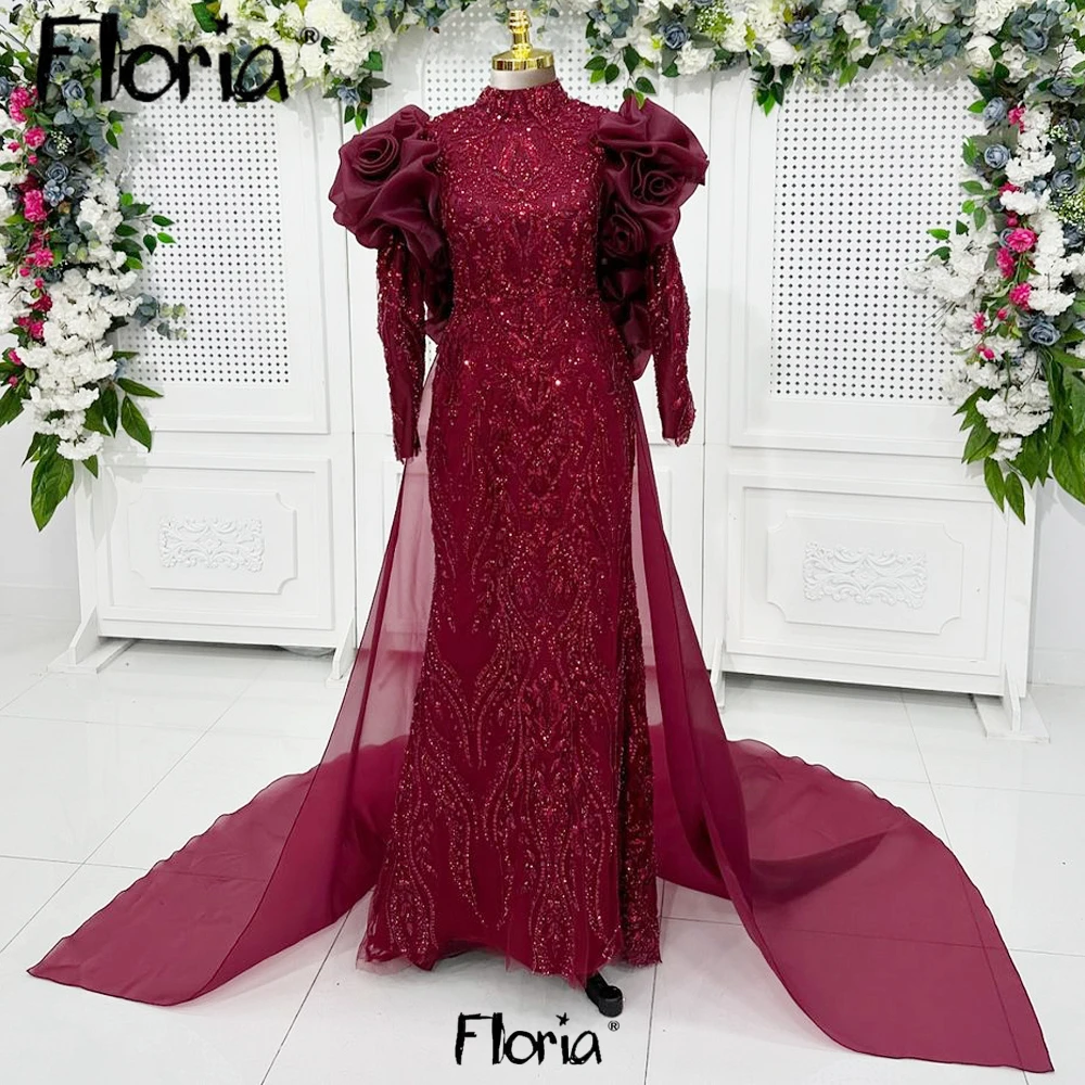 Burgundy Muslim Beaded Evening Dresses Party Gowns Puff Sleeves Formal Occasions Customized 2025 Engagement prom Dresses Arabic