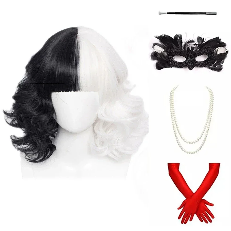 Anime Cruella de Vil Short Cruly Half Black And Half White Cosplay Wig Heat Resistant Synthetic Hair Halloween Hair   a wig cap