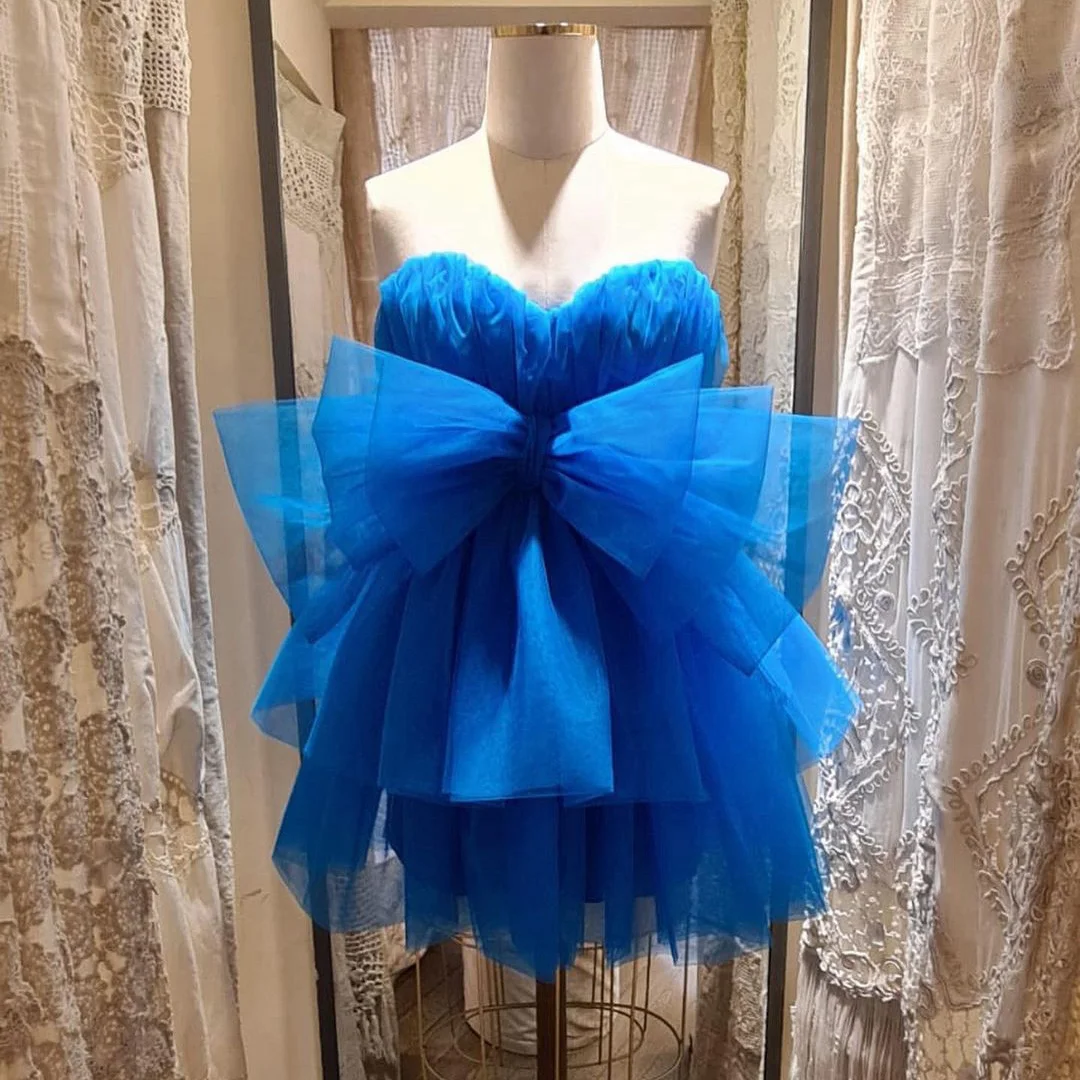 

Puffy Royal Blue Short Tulle Party Dress A Line Mini Ruffled Women Dresses Summer Strapless Sweetheart Bow Mesh Birthday Gown