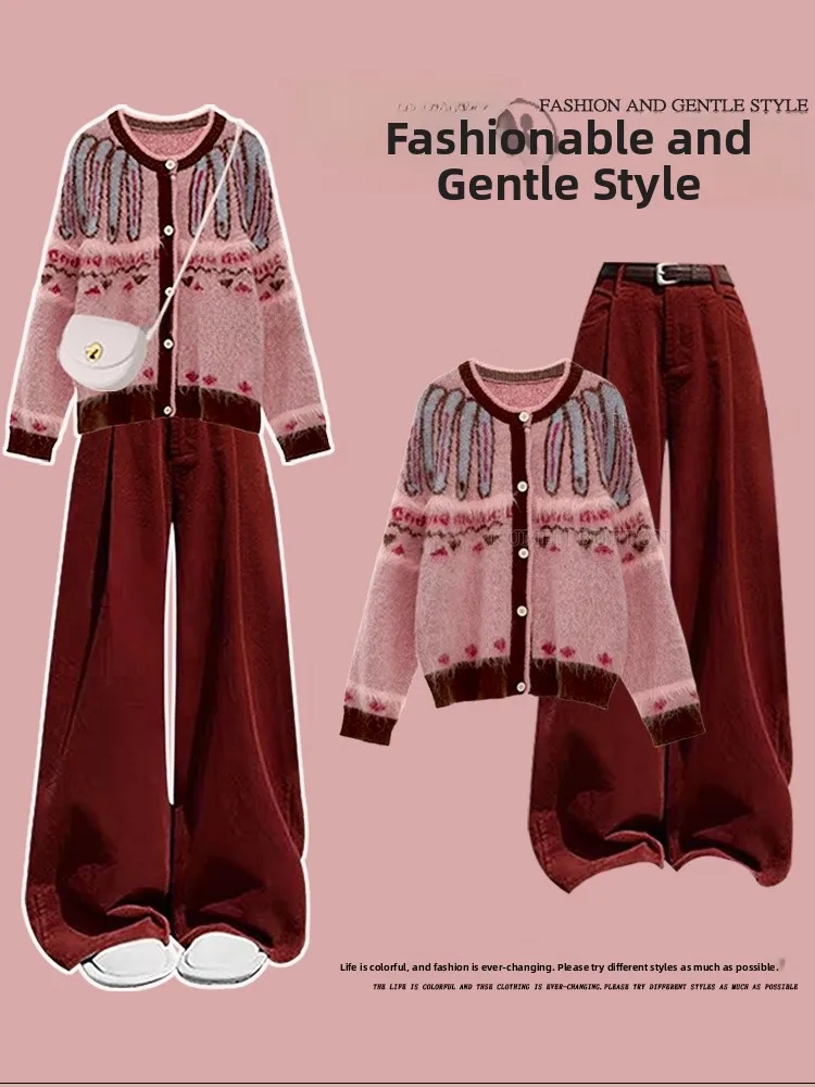 

Большие размеры, осенне-зимний повседневный вязаный свитер и широкие брюки, комплект из двух предметов для женщин, утягивающий наряд для похудения