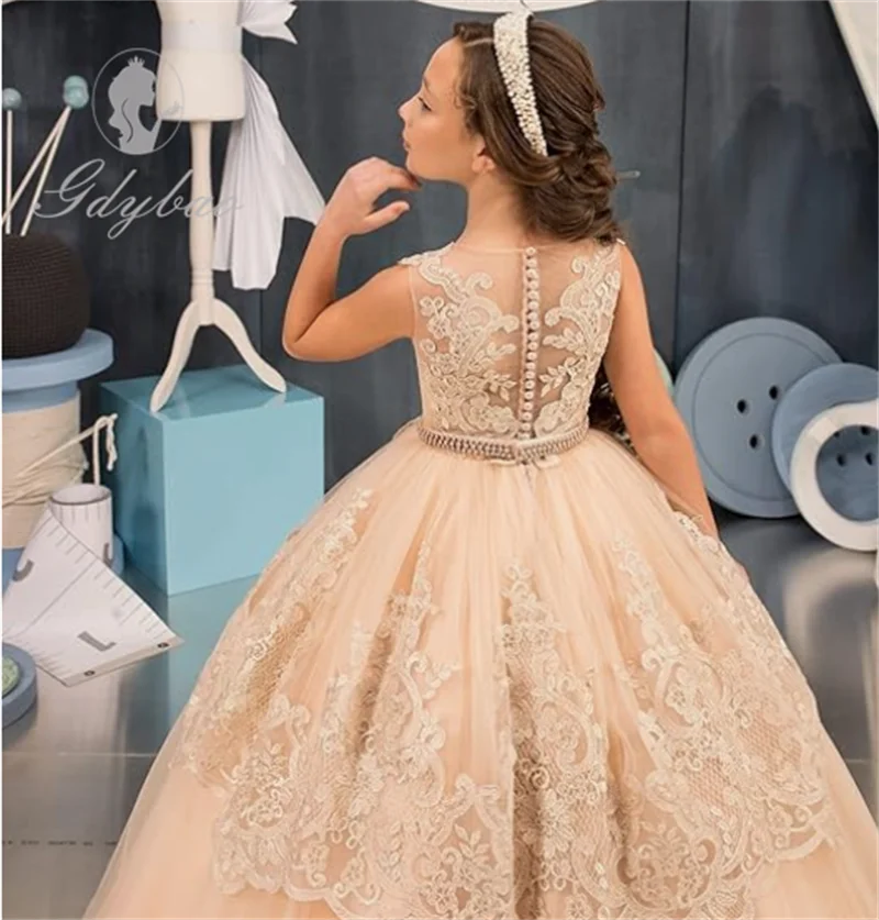 Lace Appliques Flower Girls Dresses Tulle Princess Wedding Pageant Ball Gown with Pearl Belt  Communion Birthday Party Dress