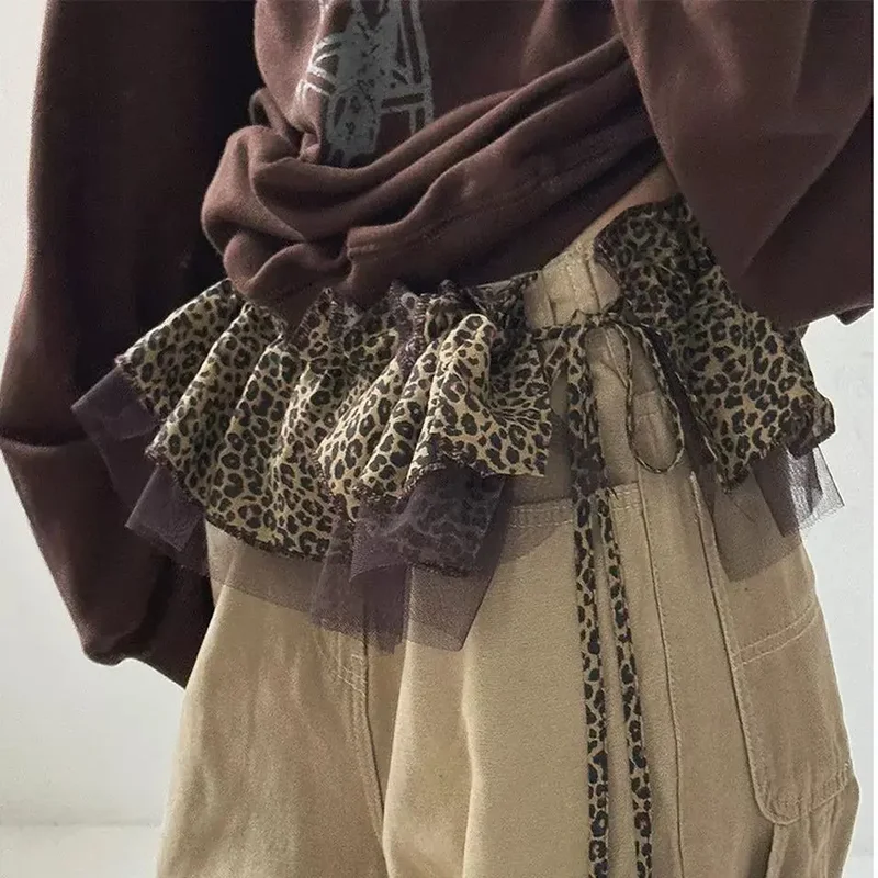 Leopard Print Hip Scarf Skirt Fashion Hip-Hop Sweet Shirt Extender Ruffled Edge Waistband Mesh Layer Outfit Belt for Streetwear