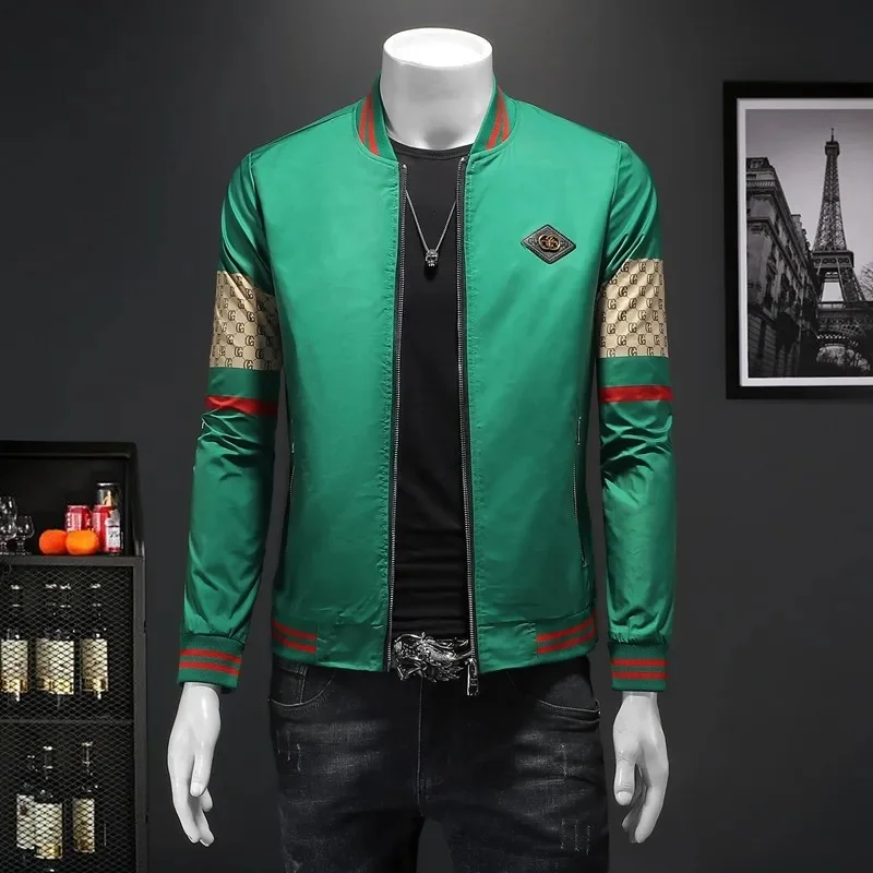 Boutique Printed Jacket For Men New Fashion Zipper Stand Collar Black Green Male Clothing Casual Chic Slim Coats Plus Size M-5XL