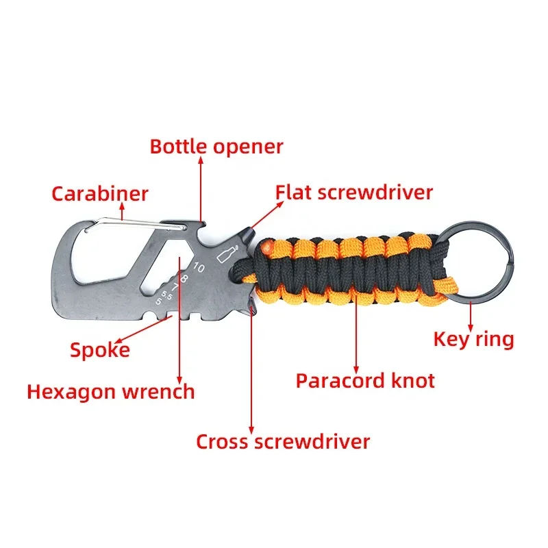 Wielofunkcyjny pleciony brelok ze stali nierdzewnej, karabinek wspinaczkowy Paracord, smycz EDC do użytku na zewnątrz