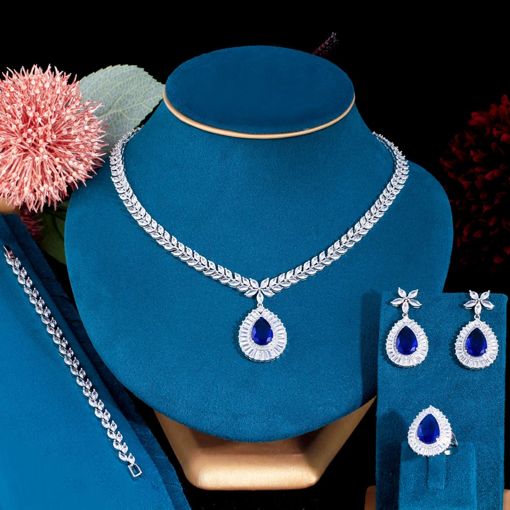 BeaQueen Trendy 4pcs Bridal Cubic Zirconia Jewelry Sets Royal Blue Water Drop Crystal Earrings Necklace for Women Party JS365