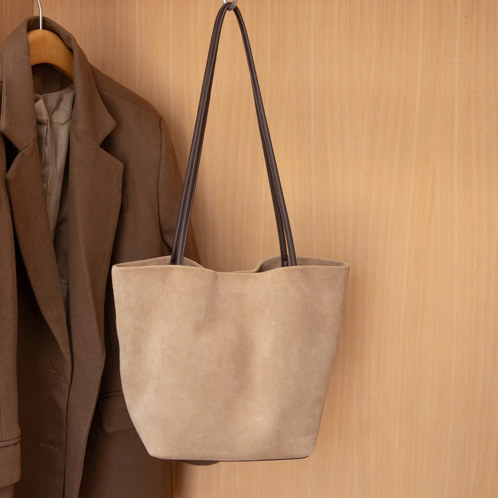 

Женская сумка-ведро из натуральной замши, роскошная дизайнерская брендовая женская сумка-тоут высокого качества, верблюжья черная кофейная сумка