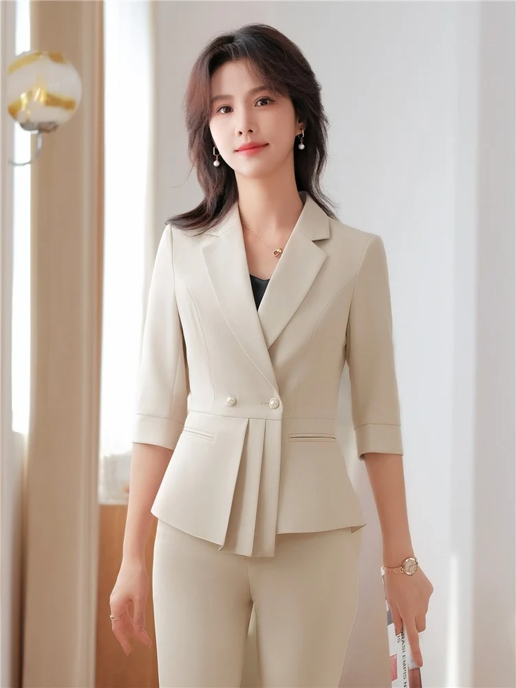 Summer Women\'s  Office Ladies Half Sleeve business attire Blazer Yellow White Double Breasted Thin Coat Female Oversize5XL