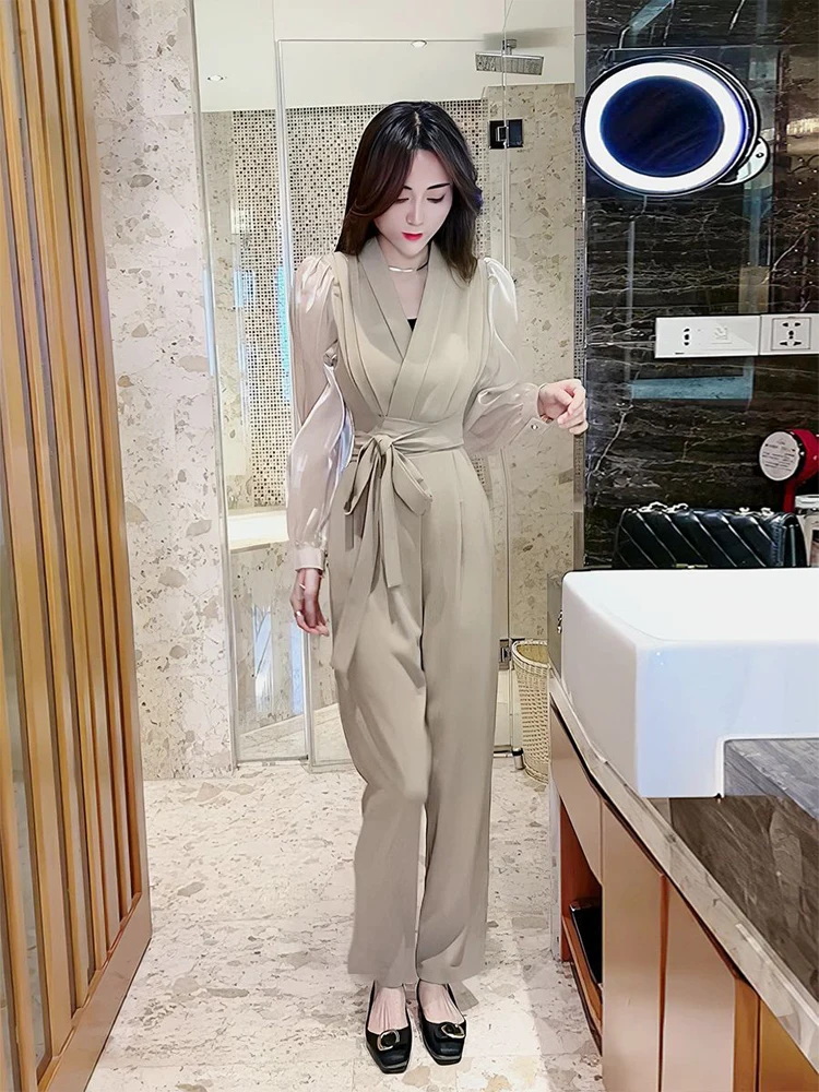 Ele Kombinezon z wysokim stanem dla kobiet, wiosna-jesień, nowy, modny zestaw w stylu streetwear, wyszczuplający, patchworkowy strój z spodniami.