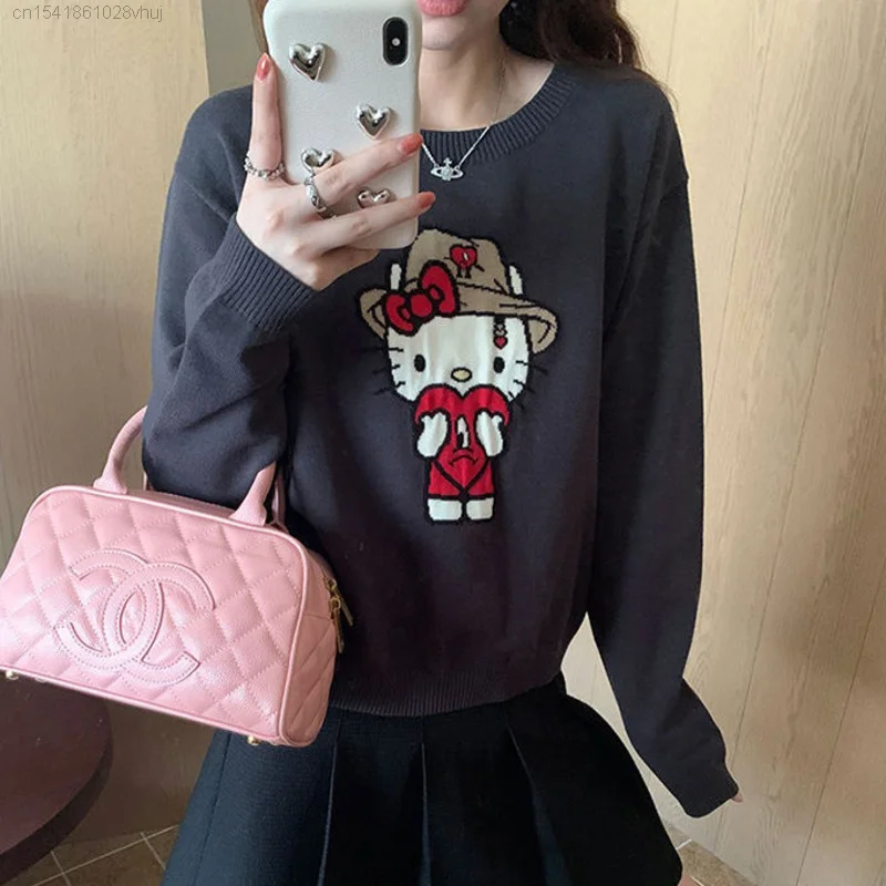 Sanrio Hello Kitty Kawaii Gray Sweater Women\'s Y 2k Cute Anime Long Sleeve Pullover Knit Shirt Academy Campus Style Korean Tops