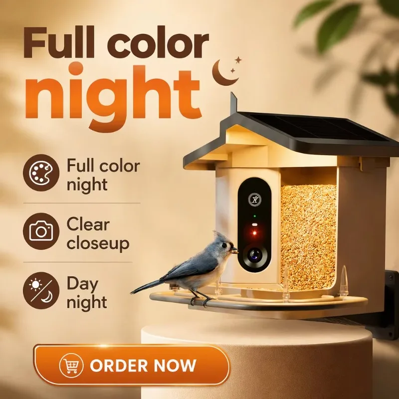 4K HD Camera Smart Bird Feeder Solar Powered Wireless Outdoor Birdhouse with AI Species Identification Auto Food Detection Tool