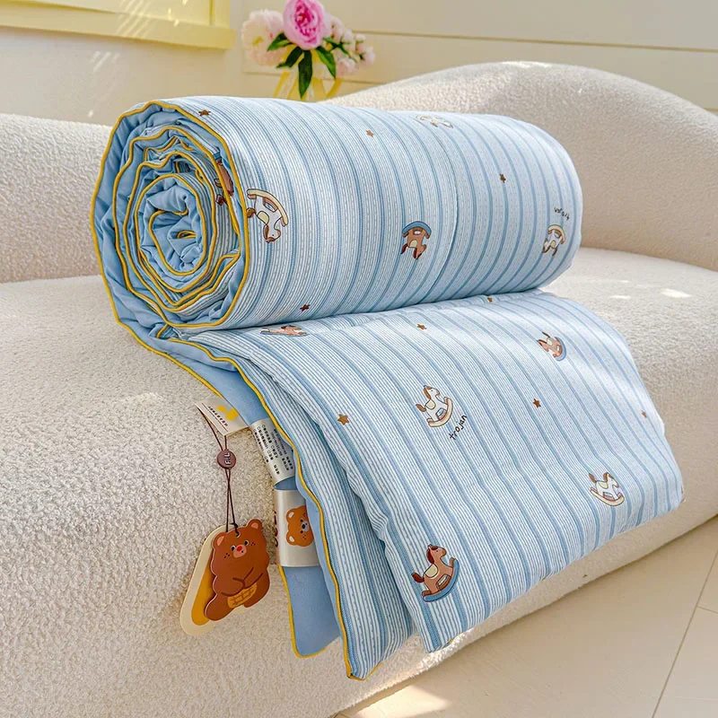 Cartoon Printed Wrinkled Yarn Summer Quilts Cozy Single and Double Air-Conditioned Quilt Cooling Breathable Home Soft Bedspread