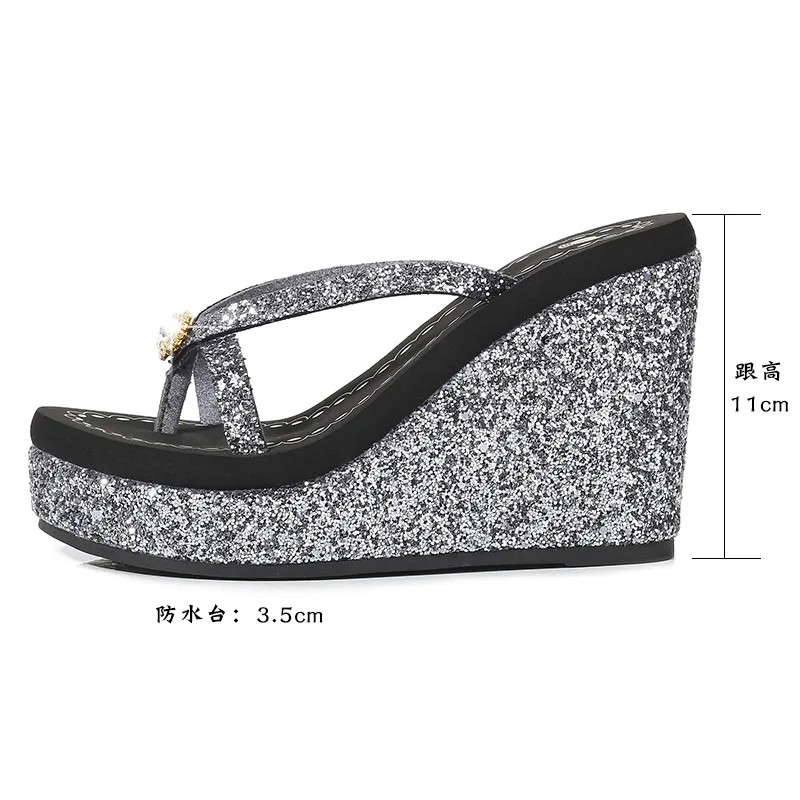 2024 Summer Slippers Women\'s New Ladies Super High Heel Slippers Sequin Rhinestone Flip-Flops High Heels Shoes Woman Heels