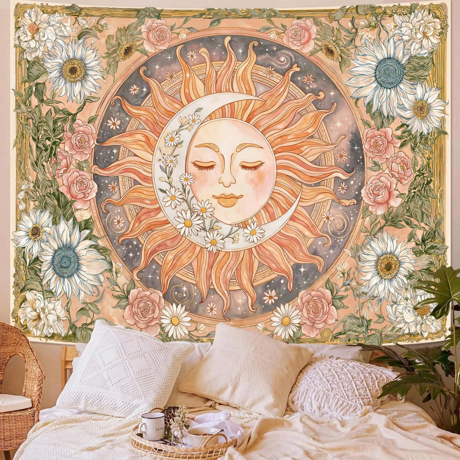 VIKAMA Bohemian Sun, Moon, and Face Tapestry—Atmospheric Polyester Wall Hanging for Bedroom and Living Room Decor