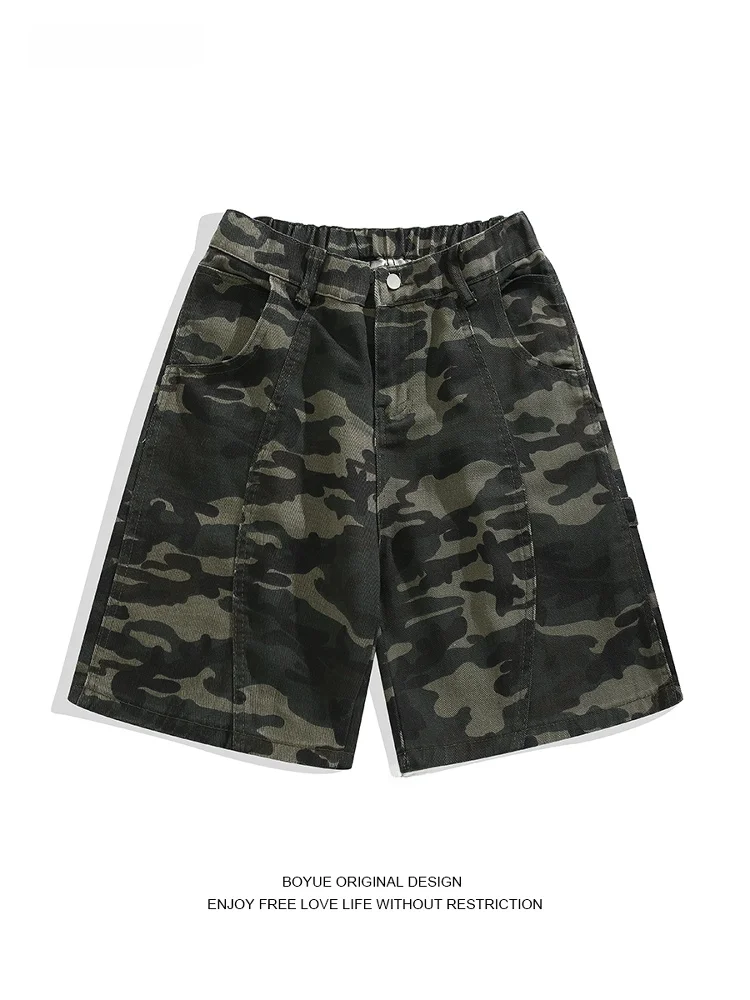 

Boyue American Retro Workwear Camouflage Denim orts Hip Hop Logging Vibe Personalized Five-Point Pants ex