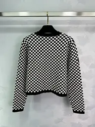 Black and White Plaid Knitted Cardigan, Round Neck, New, 18-2024, Autumn and Winter