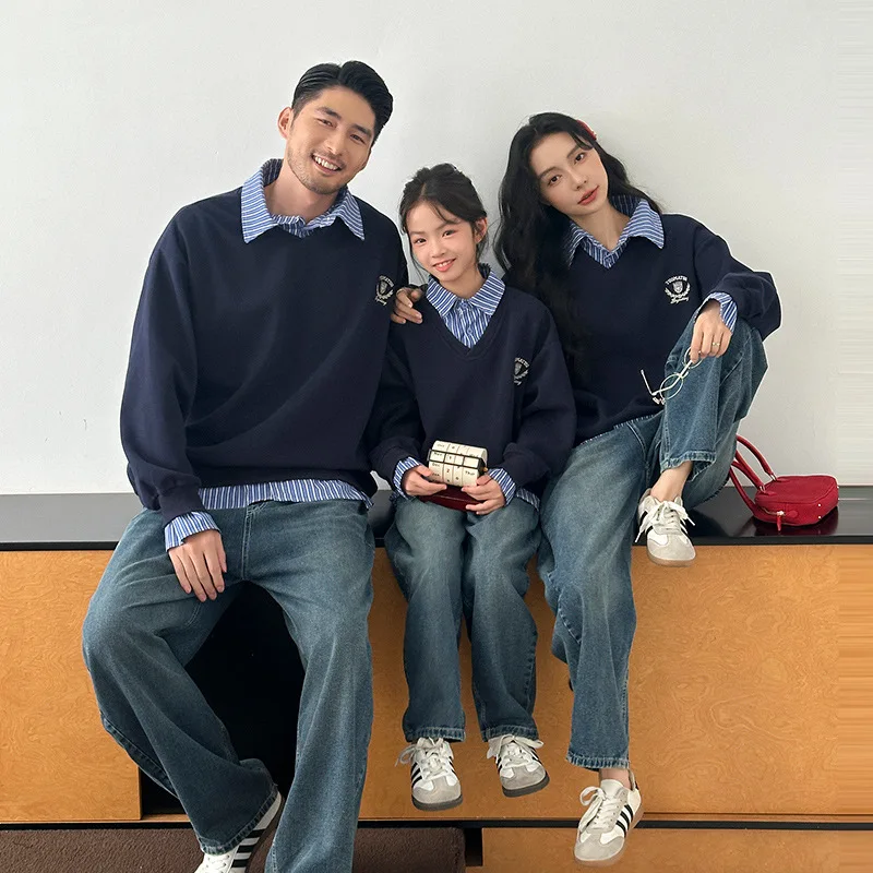 2025 Autumn Fake Two-piece Family Hoodie Shirt Collar Matching Set for Parents & Kids School Trend Long Sleeve Top Casual Outfit