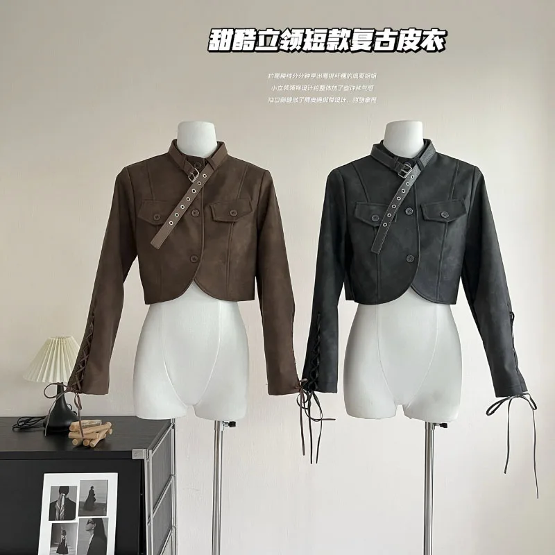 Y2K Vintage Biker Stree Leather Coat Strappy Sleeve Design High Street Sexy Baggy Single Breasted New Design Leather Coats