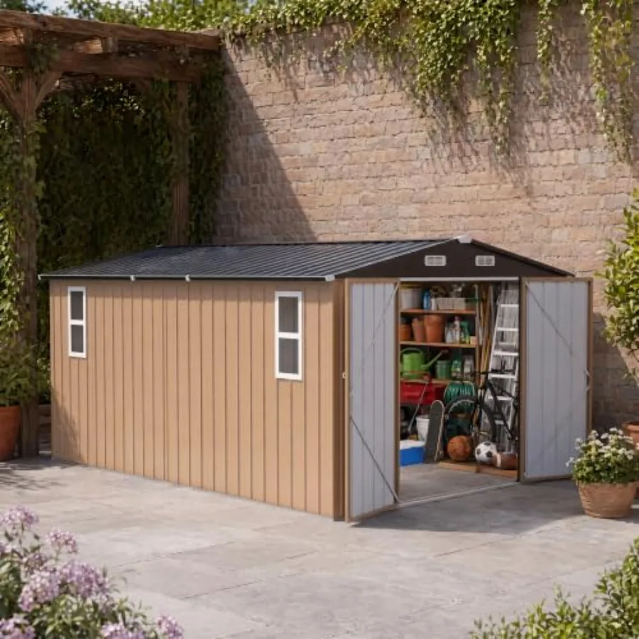 10 x 14 Feet Outdoor Storage with Windows, Heavy Duty Galvanized Steel Storage Building with Double Lockable Doors, Gable Roof