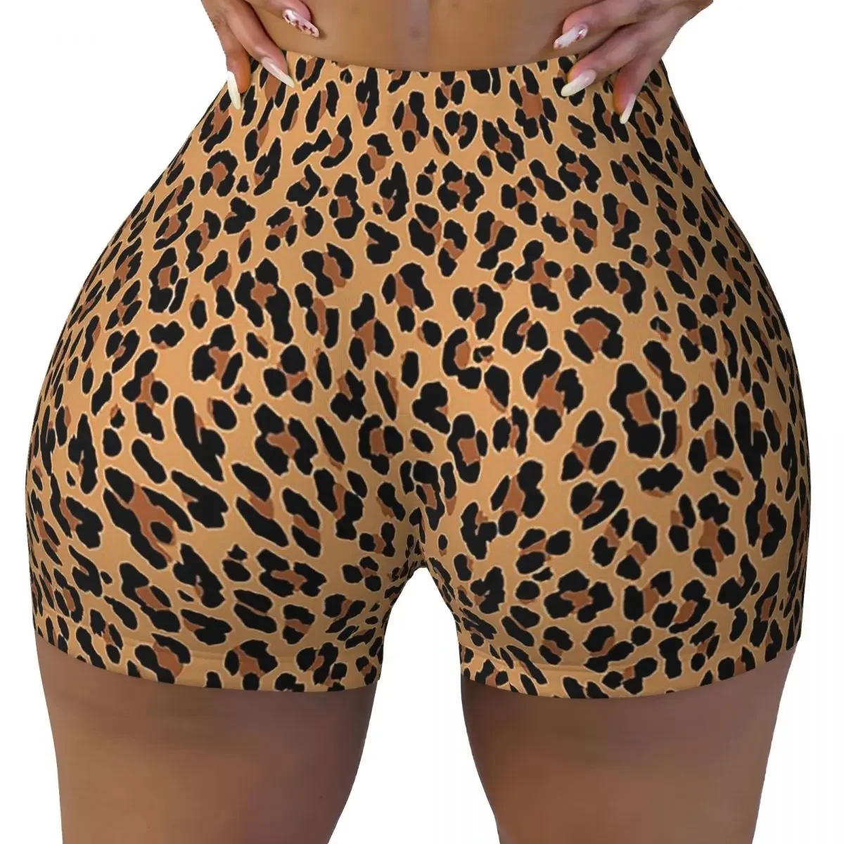 Custom Tan Leopard Print Women Gym Workout Running Shorts Athletic Volleyball Biker Yoga Shorts