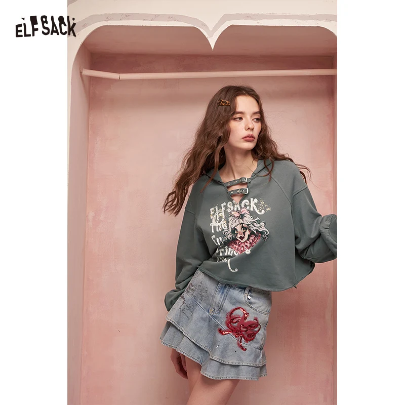

ELFSACK Sweet Cool Clown Girl Print Lace Up Hooded Cropped Sweatshirt For Women