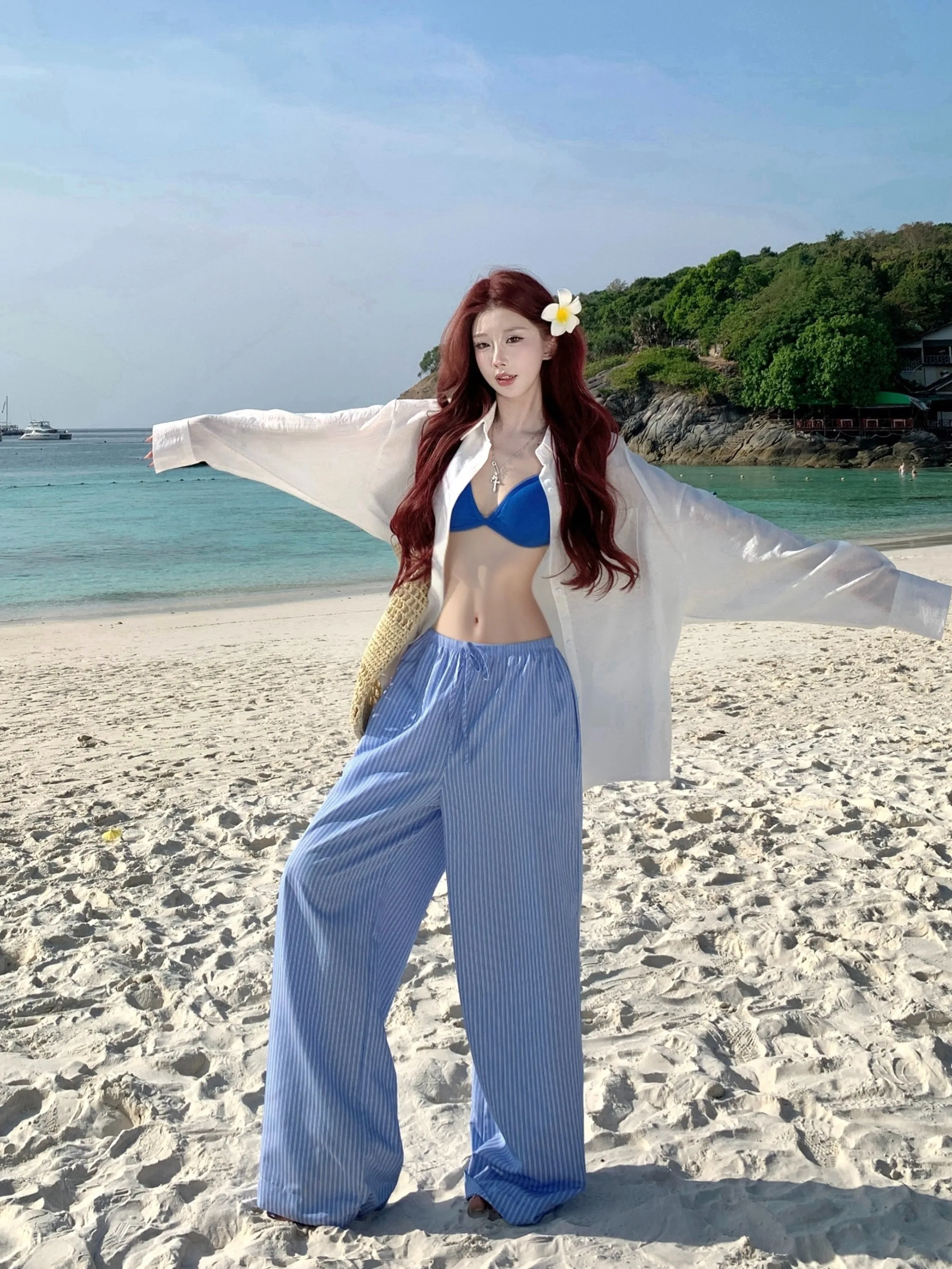 

Beach Vacation Casual Loose Feeling White Shirt Blue Bikini Blue Striped Wide Leg Pants Three Piece Set Women's Fashion Summe...