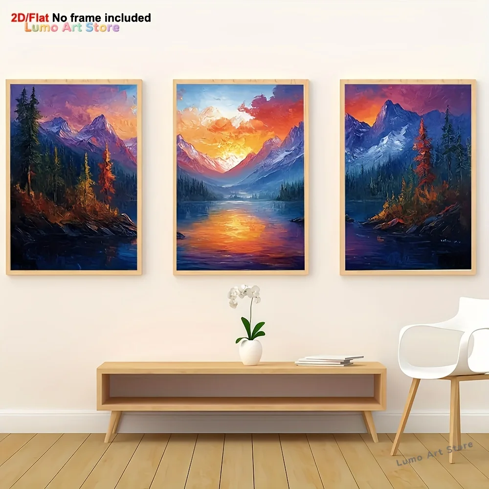 2D Flat, 3pcs Vertical Abstract Alpine Alps Mountain Landscape Paintings - Thick Color Canvas Painting Frameless Wall Art