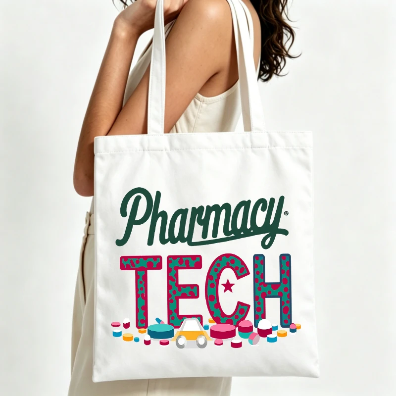 Women's pharmacy tech letter print canvas tote bag with pill graphics, casual style for daily work and shopping