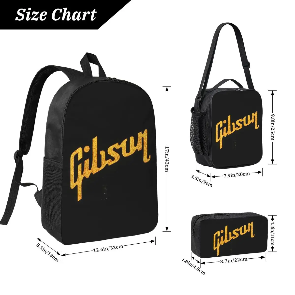 Gibson Music Logo Backpack Boys Girls BookBag School Bag Laptop Shoulder Bags 3ps Insulated Lunch Bag Pencil Case