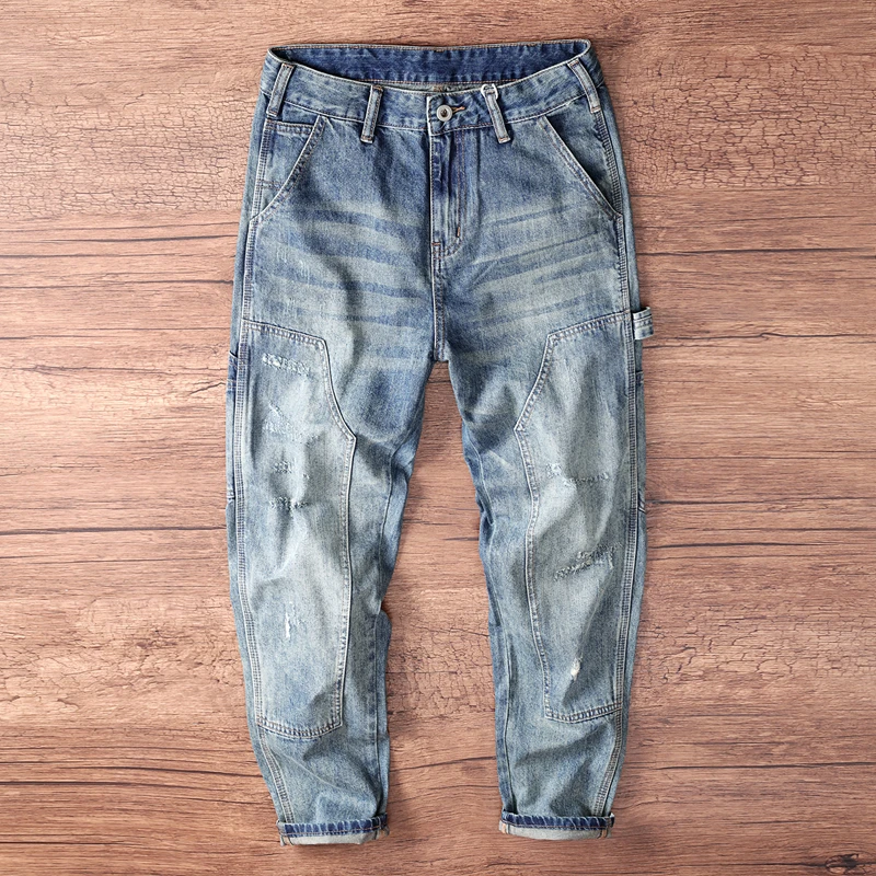 Spring Autumn American Vintage Causal Denim Jeans for Men Workwear 100% Cotton Old Washed Tapered Straight Harem Cargo Pants