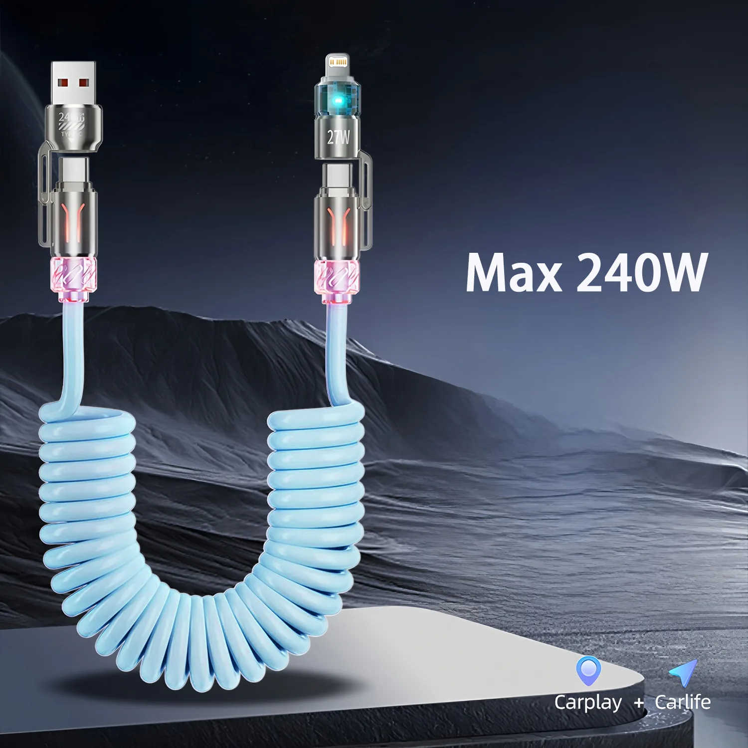 

PD 240 Вт 4 в 1 USB Type C to Type C IOS Кабель для быстрой зарядки мобильного телефона Пружинный выдвижной кабель для передачи данных для iPhone15 16 Samsung