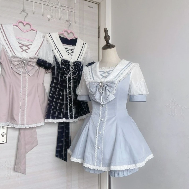 Jirai Kei Summer Sweet Japanese Lolita Outfit Lace T Sailor Neck Short Dress Plaid Solid Color Cute Daily Wear Kawaii Mini Skirt - view 3