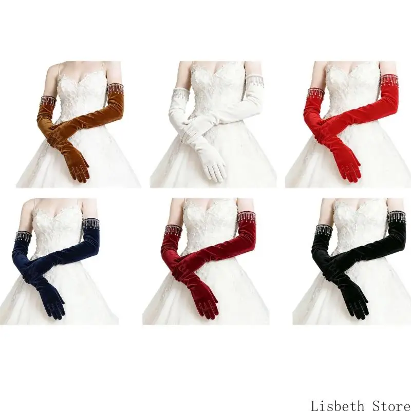 

124A Женские длинные бархатные перчатки со сверкающими стразами для тепла на выпускном вечере, идеально подходят для свадеб и