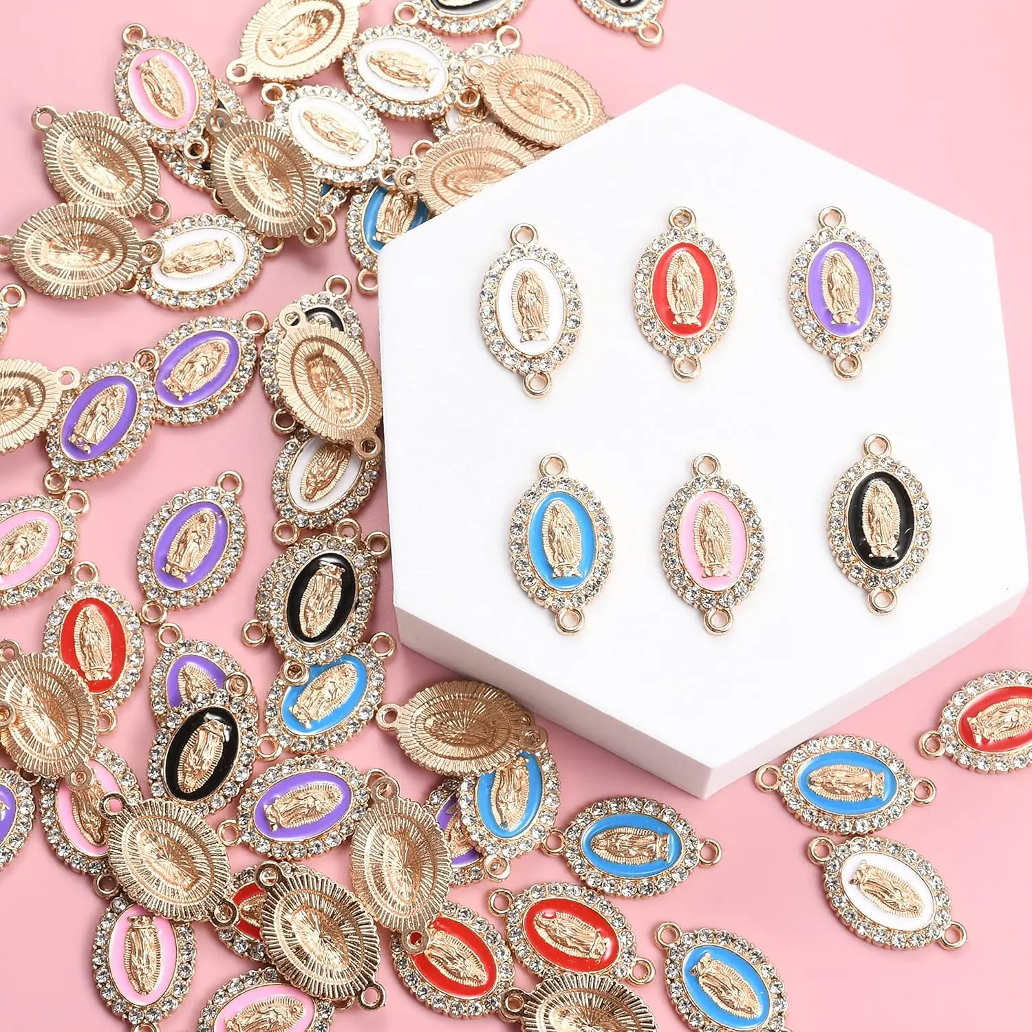 60pcs Mix Color Virgin Mary Link Miraculous Medal Enamel Alloy Rhinestones Our Lady Crucifix Connection for Jewelry Making