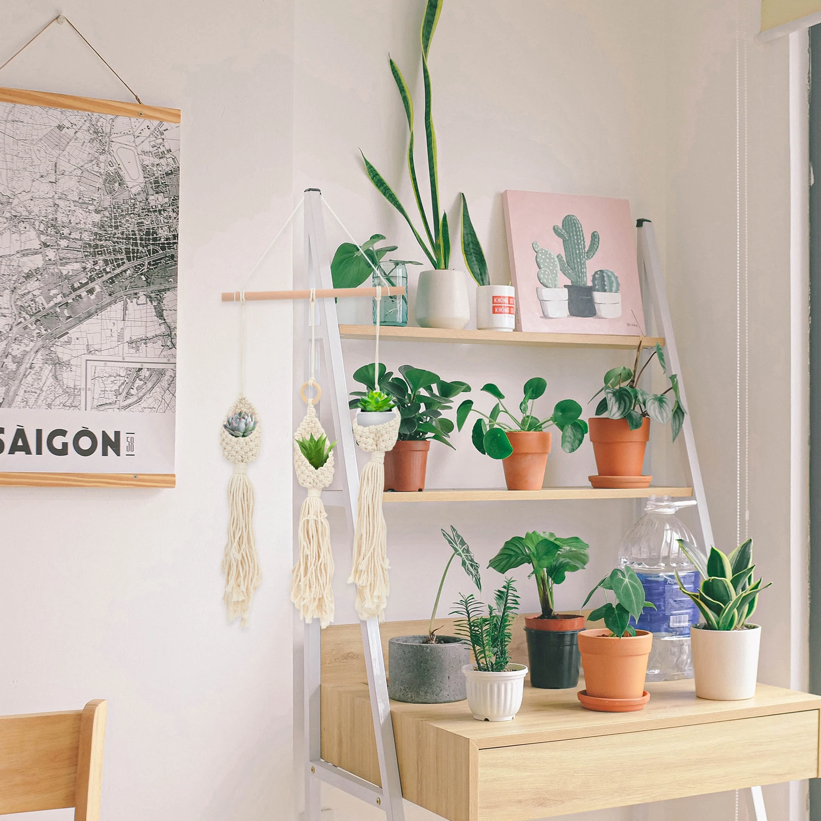 

Air Basket Plant Net Bag Hanger Bohemian Wall Planter Home Wooden Stick Cotton Rope Durable Sturdy Simple