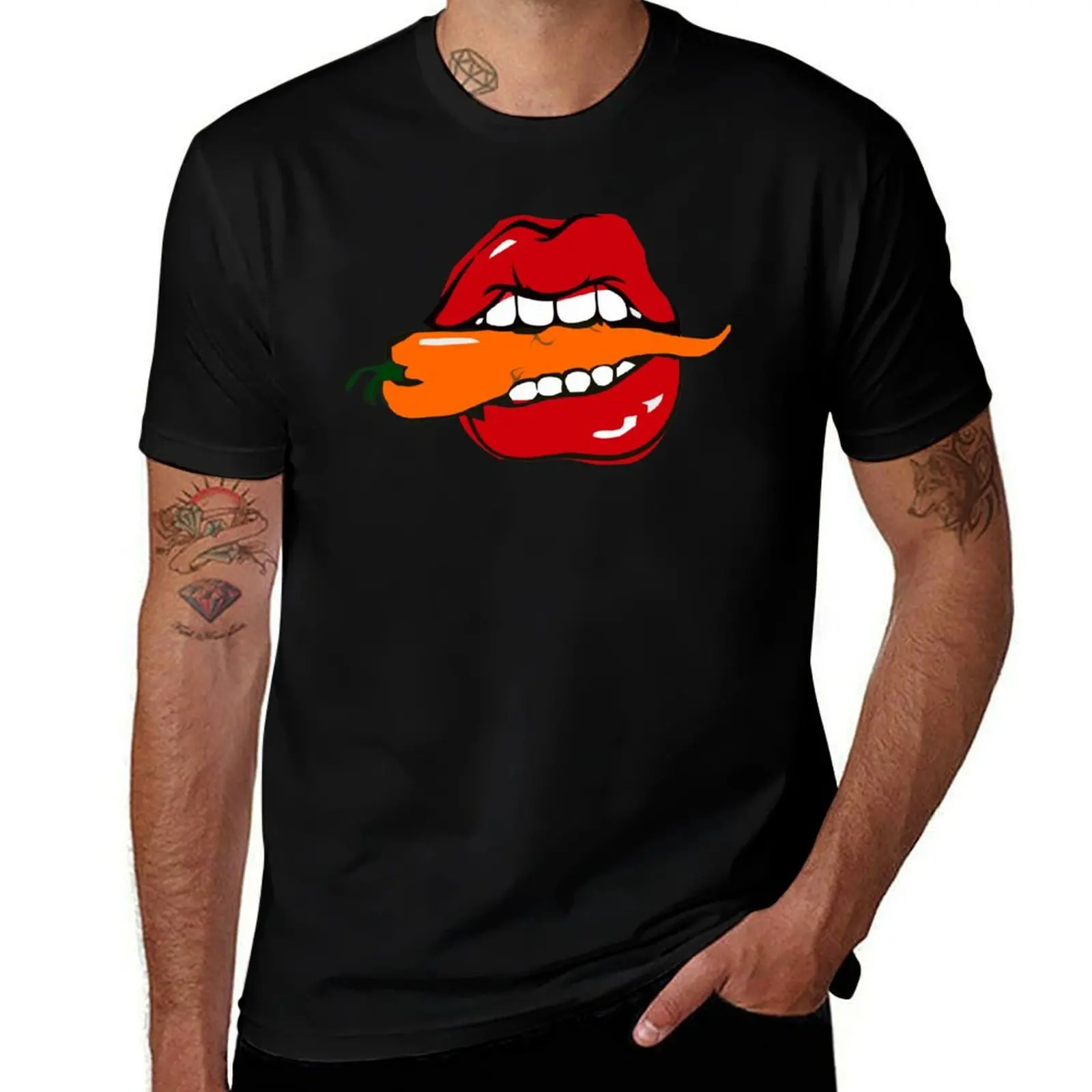 

Red Lips Biting Jalapeno Pepper Lipstick Funny Womens T-Shirt t shirts with prints men t shirt cotton 100% T-Shirt