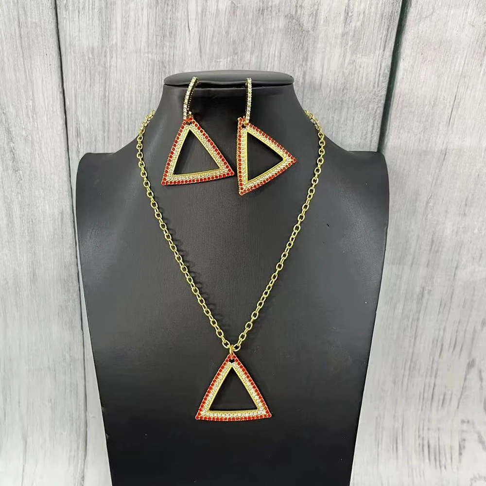 Red & White Rhinestone Pyramid Pendant Ladies Sorority Delta Earrings and Necklace Set