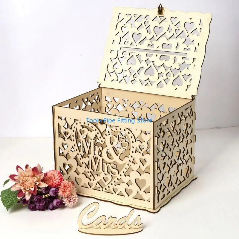 F92B DIY GEED HIME MR & MRS WOODEN CARD MONEY لقضية مع قفل Rustic Beauti