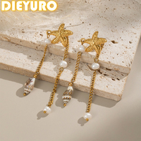 DIEYURO 316L Stainless Steel Ocean Wind Golden Starfish Conch Pearl Pendant Earrings Lady New Trend Fashion Ear Studs Jewelry﻿