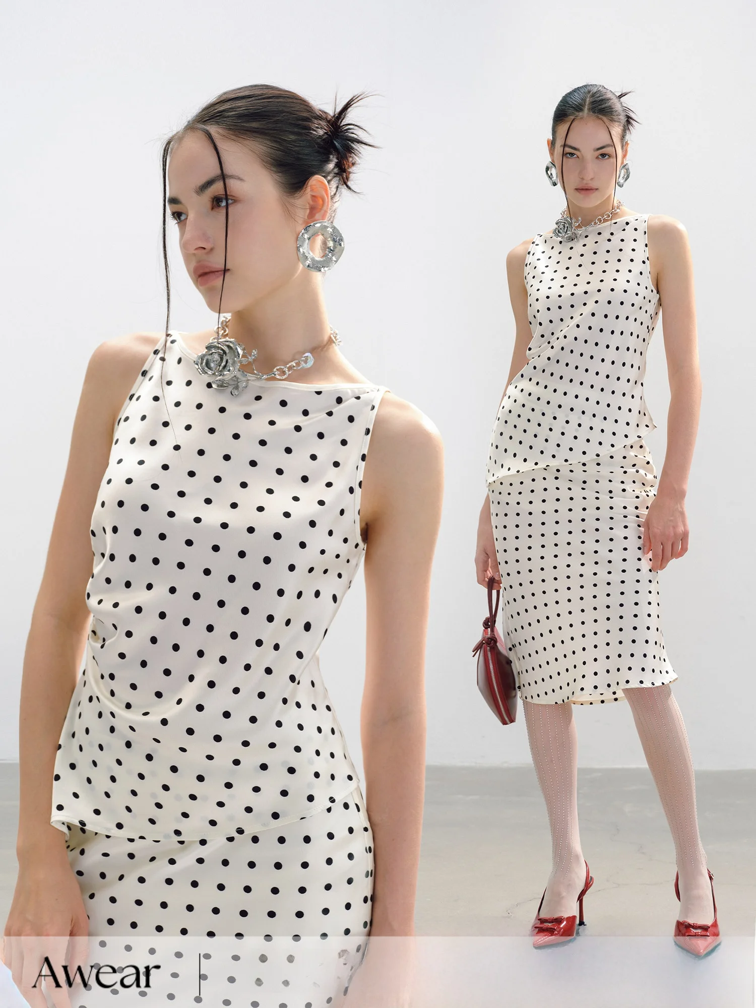 

Летний комплект из двух предметов в горошек: винтажная атласная юбка миди и топ для стильных женщин