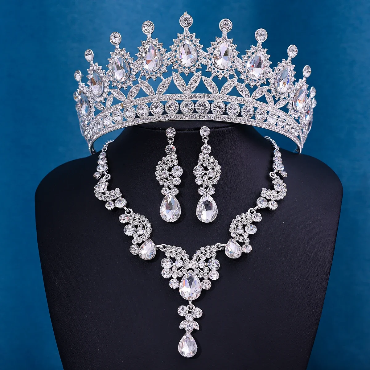 4 قطعة/المجموعة كريستال مجوهرات الزفاف حجر الراين التيجان تاج قلادة القرط للعروس النساء مجوهرات الزفاف مجموعة هدية #2