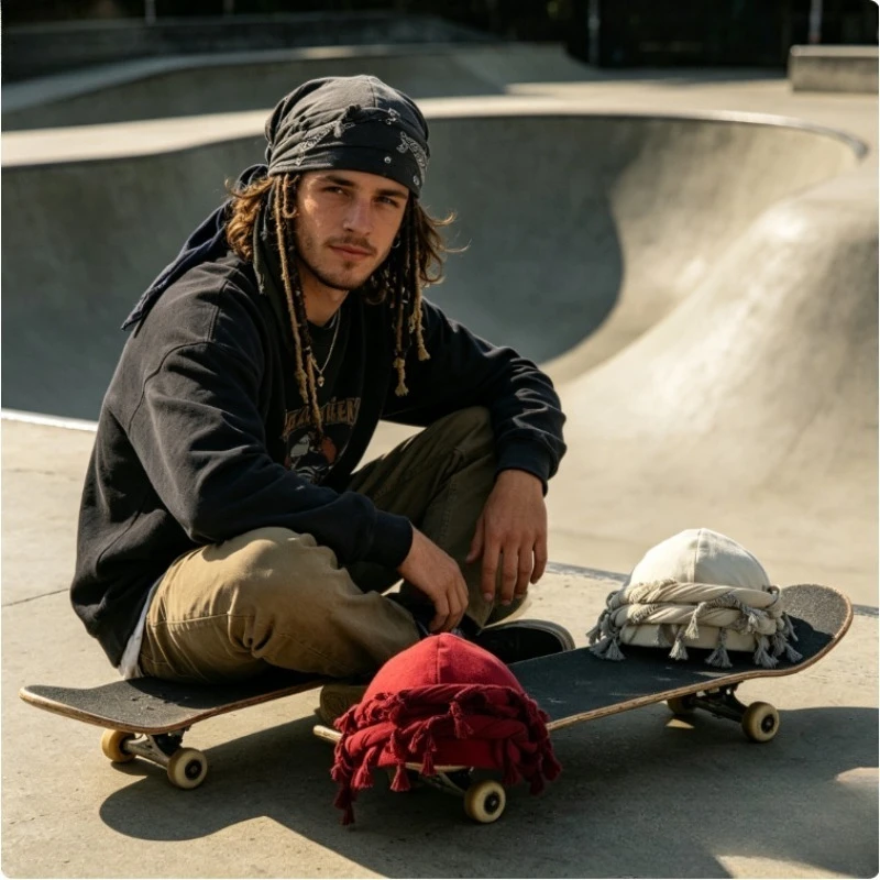 

Fringed Bamboo Fiber Pirate Hat Satin Lined Turban Cap Hip Hop Hair Protection Head Wrap for Men Women