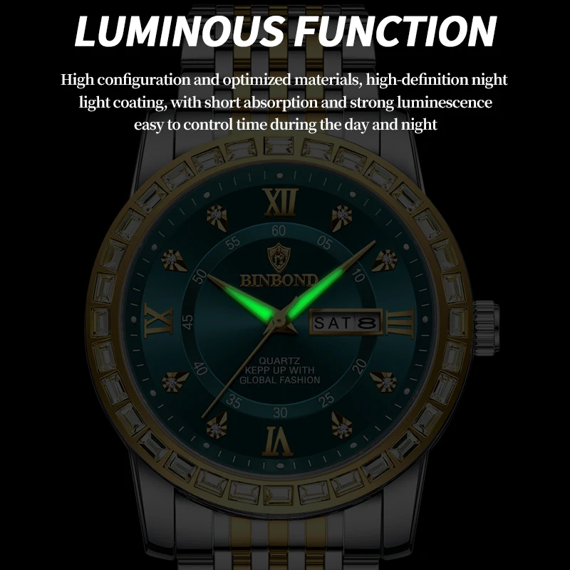 BINBOND Luxury For Man Watch Band Drill Waterproof Luminous Date Men Watch Quartz Stainless Steel Men\'s Watches Male Reloj+box