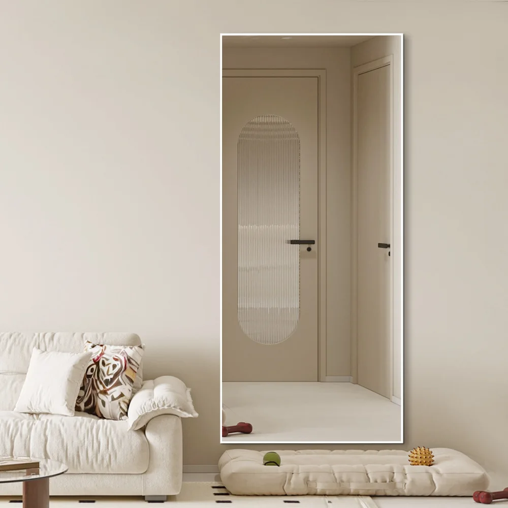 Full Body Custom Dressing Mirror Simple White Cream Style Floor Mirror with Bracket Wall Mounted Large Mirror