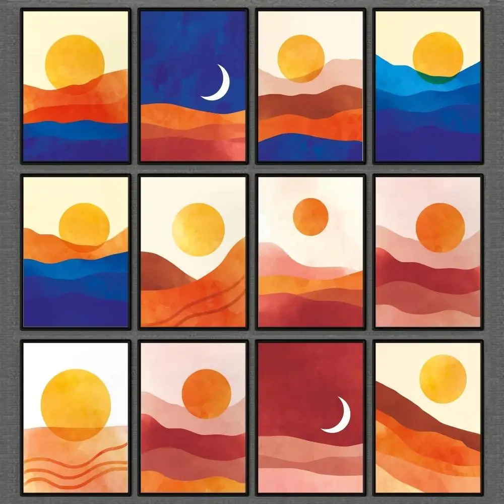 Retro Bohemian Style Abstract Horizon Desert Sun Moon Colorful Minimalism Poster Home Living Bed Room Entrance Wall Decor